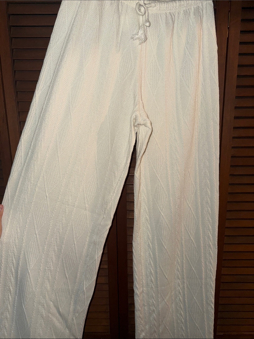 Knit Ivory Wide Leg Textured Drawstring Pants SHEIN